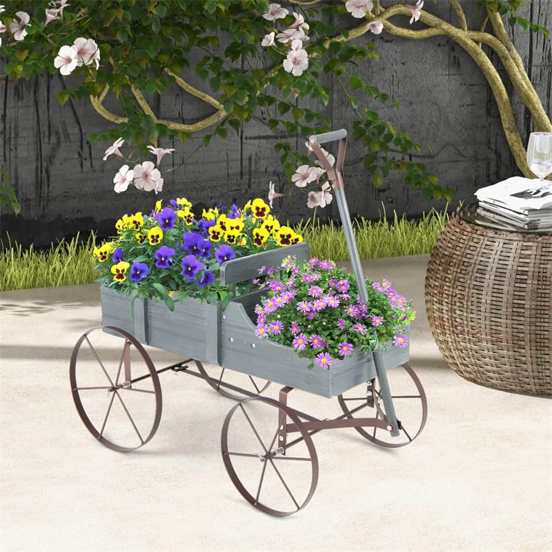 Rustic Wooden Wagon Planter, Decorative Garden Flower Cart with Metal Wheels & Adjustable Handle - Product image 40