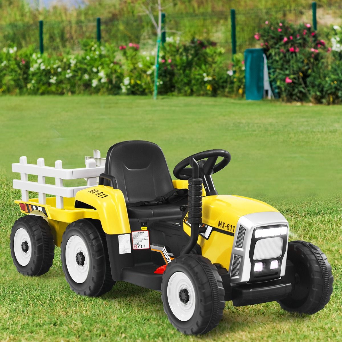 Electric Tractor with Trailer for Children 3 Speeds LED Lights Functions o USB and Bluetooth Yellow/Pink/Red/Green/Dark Green/Black -