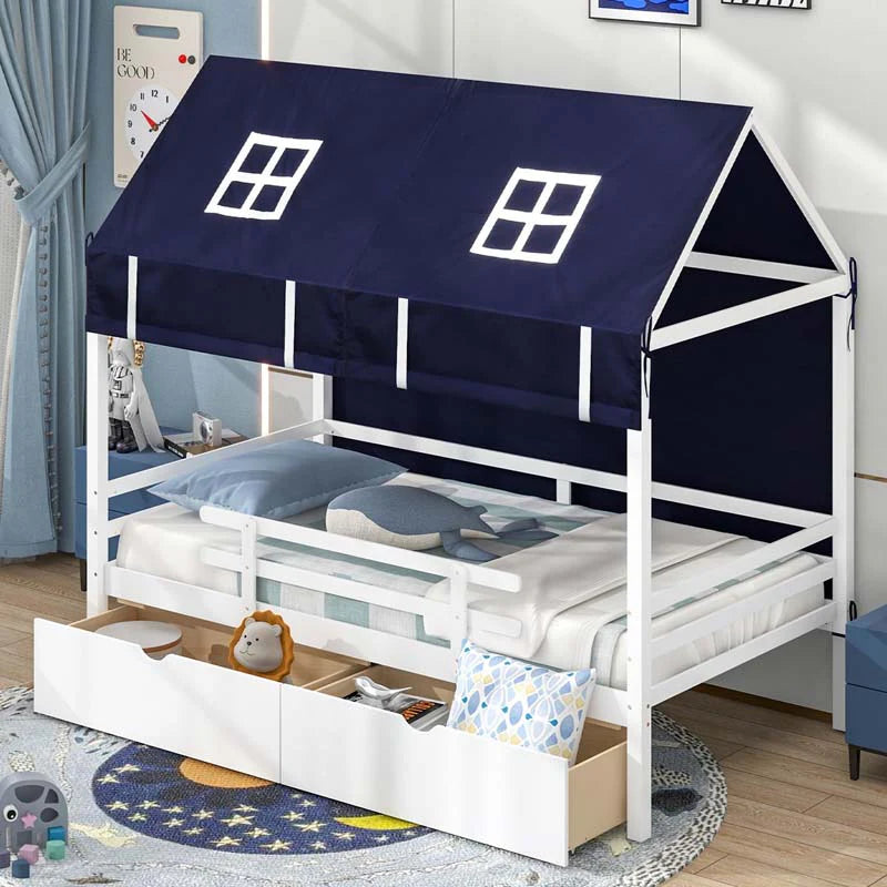 Twin House Bed with Storage Drawers & Dustproof Tent, Solid Wood Montessori Bed Frame with House Roof & - Product image 4