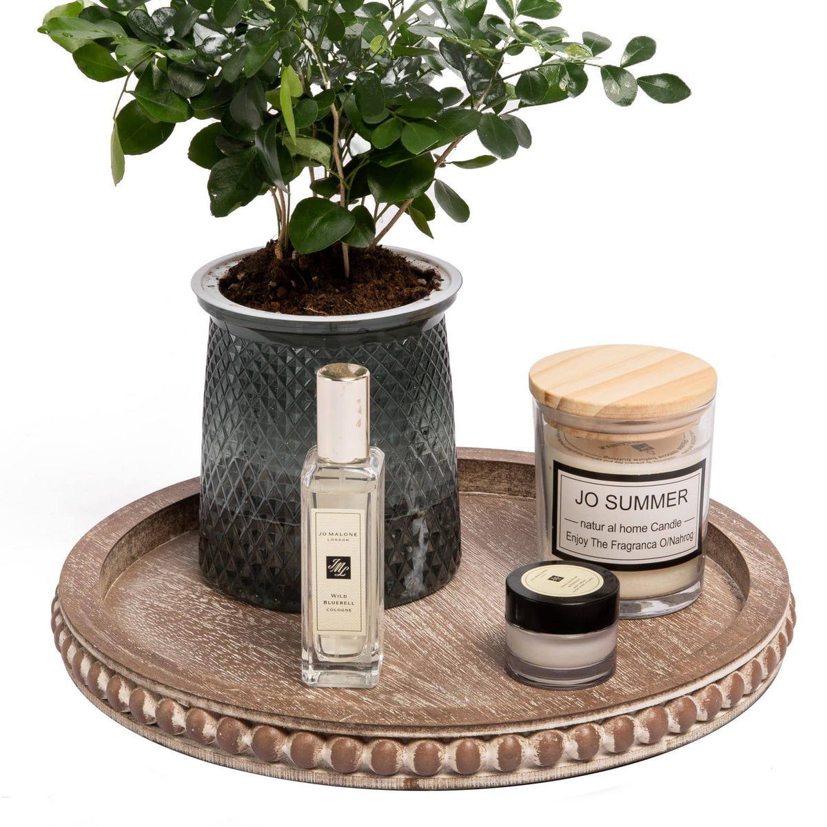 HPC Dec R Our Happy Place HPC Decor 12in Round Tray for Home Decor- Grey Wood Beaded Tray - Product image 1