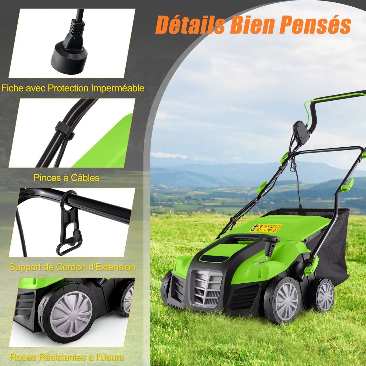 2 in 1 15A Electric Scarifier with Double Adjustable Safety Switch 55 L Collection Bag Orange/Green Scarifier -