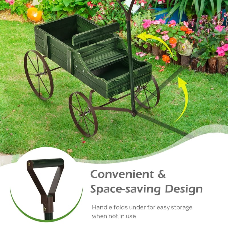 Rustic Wooden Wagon Planter, Decorative Garden Flower Cart with Metal Wheels & Adjustable Handle - Product image 32