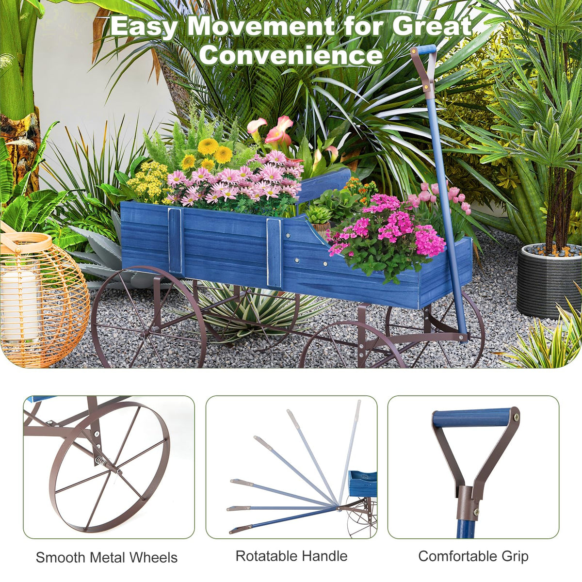 Rustic Wooden Wagon Planter, Decorative Garden Flower Cart with Metal Wheels & Adjustable Handle - Product image 7