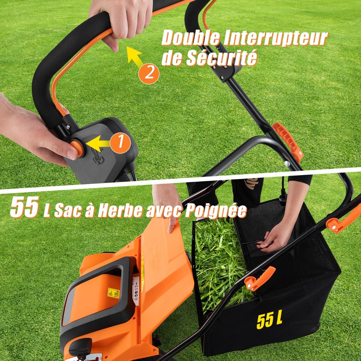 2 in 1 15A Electric Scarifier with Double Adjustable Safety Switch 55 L Collection Bag Orange/Green Scarifier -
