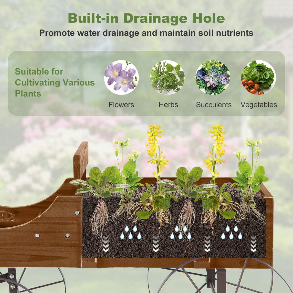 Rustic Wooden Wagon Planter, Decorative Garden Flower Cart with Metal Wheels & Adjustable Handle - Product image 21