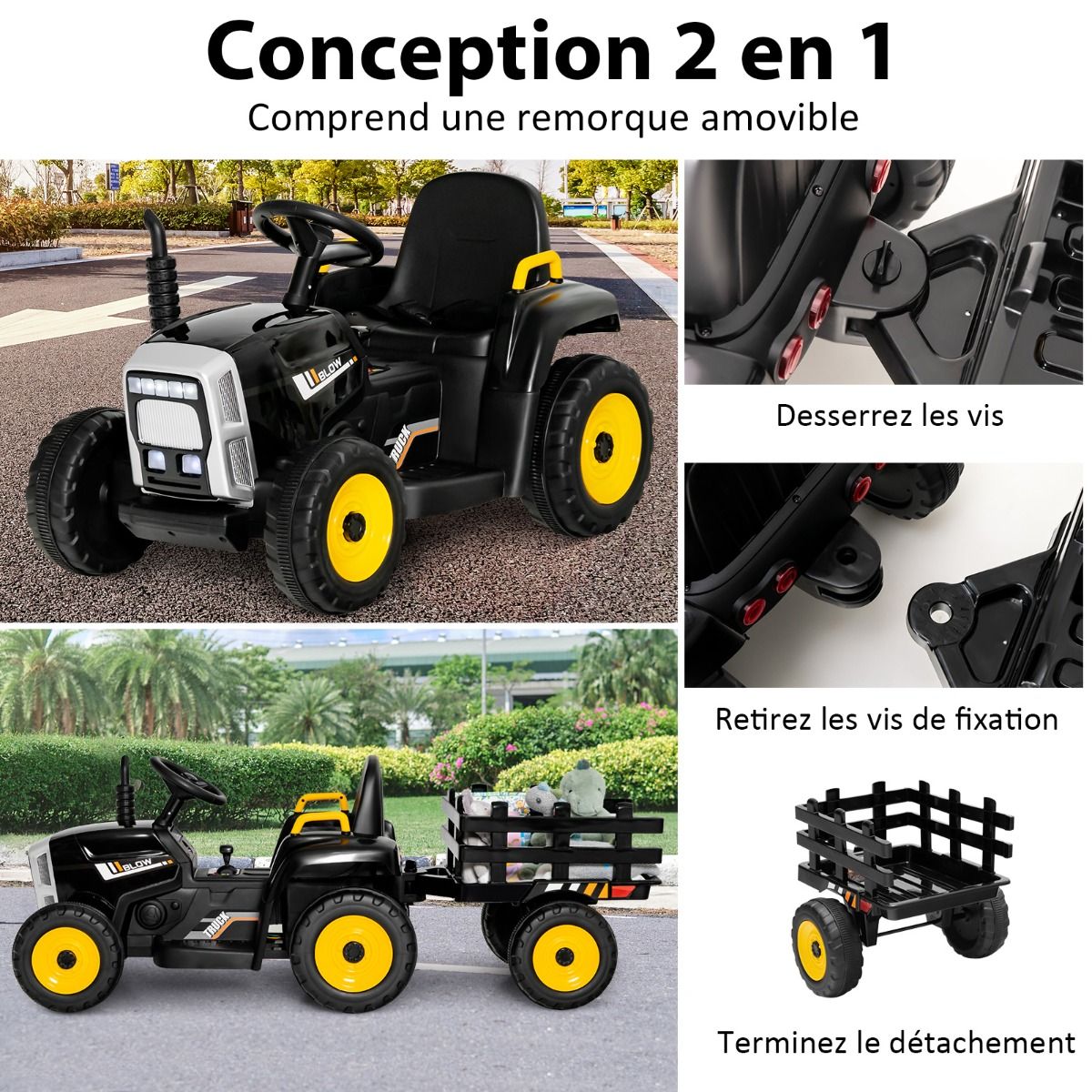 Electric Tractor with Trailer for Children 3 Speeds LED Lights Functions o USB and Bluetooth Yellow/Pink/Red/Green/Dark Green/Black -