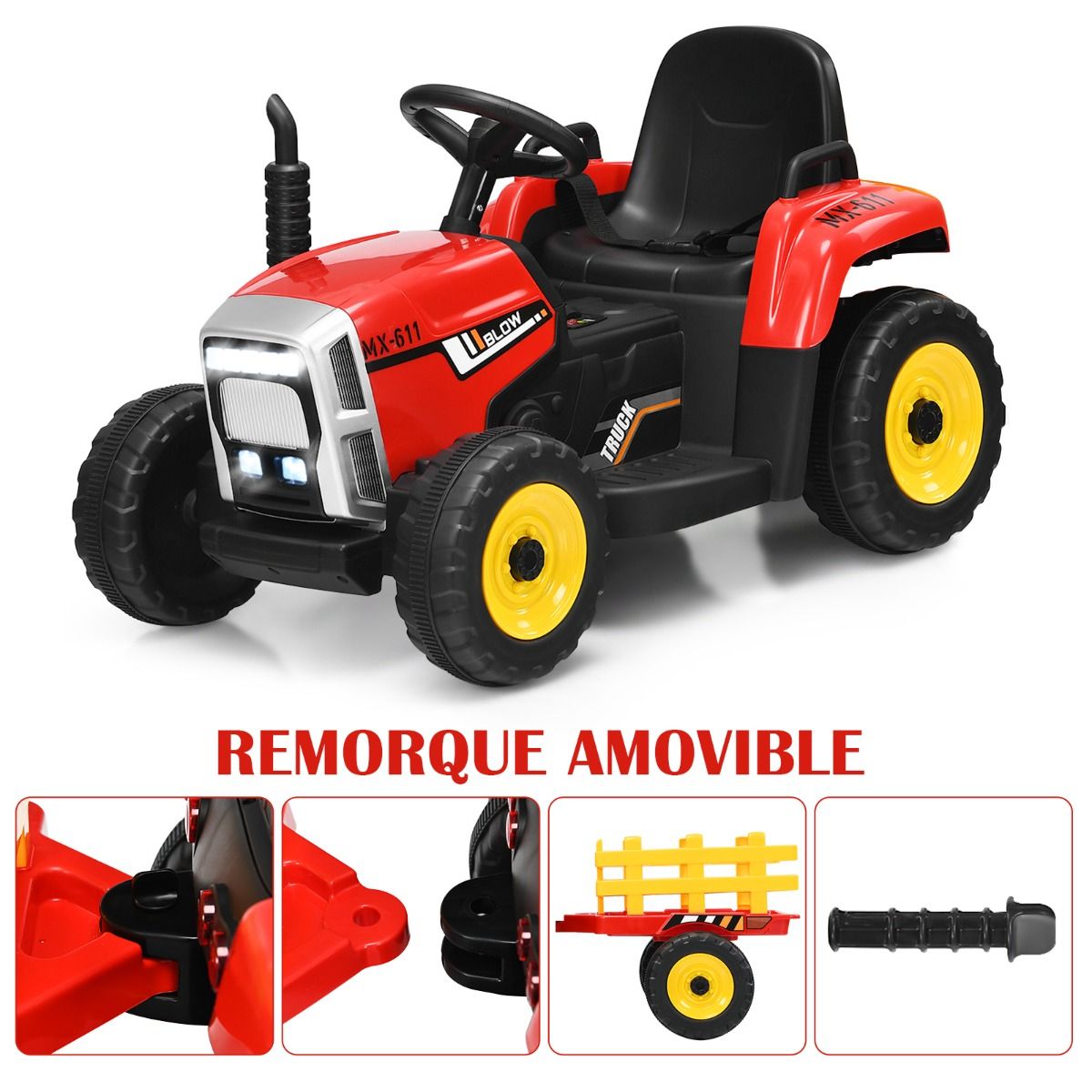 Electric Tractor with Trailer for Children 3 Speeds LED Lights Functions o USB and Bluetooth Yellow/Pink/Red/Green/Dark Green/Black -