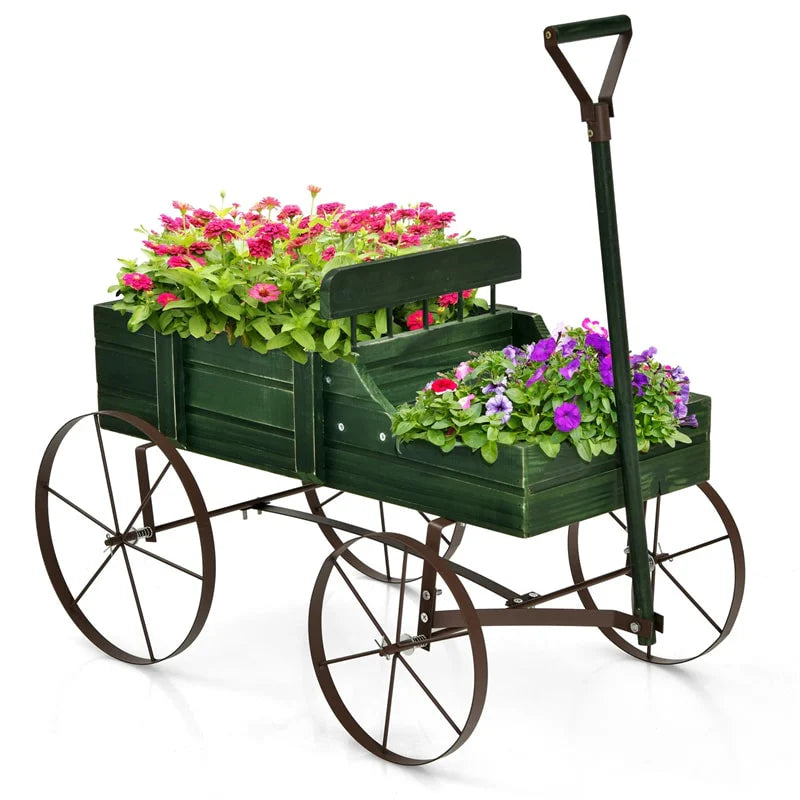 Rustic Wooden Wagon Planter, Decorative Garden Flower Cart with Metal Wheels & Adjustable Handle - Product image 26
