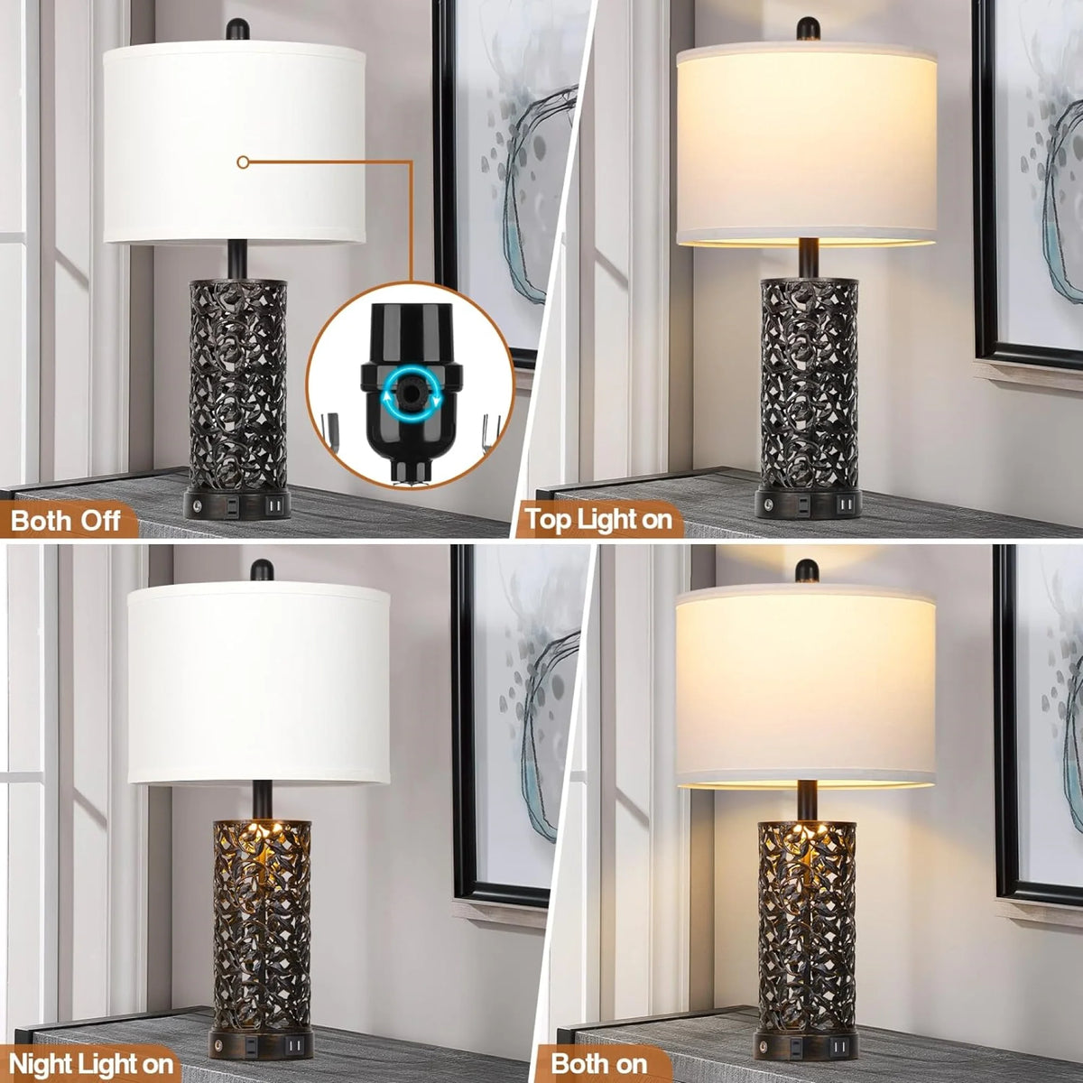 Cinkeda Table Lamp Set of 2 for Living Room Bedroom with USB Ports AC Outlet 3 Way Dimmable Touch - Product image 26