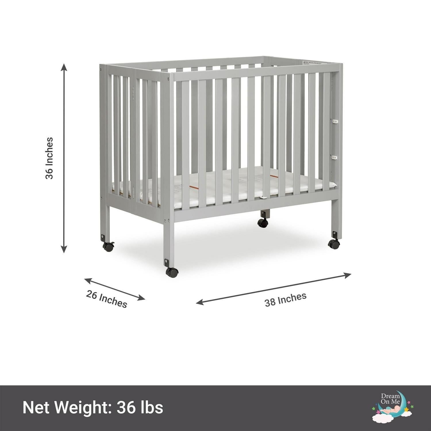 Dream on Me Jett Non - Full Size Folding Crib I Removable Wheels I Modern Nursey I Adjustable Mattress - Product image 3