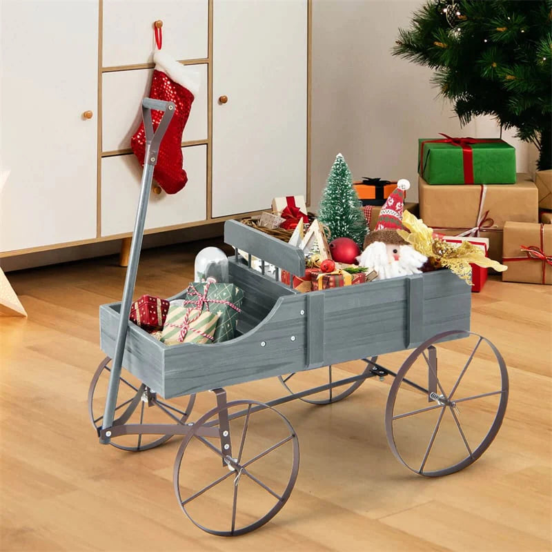 Rustic Wooden Wagon Planter, Decorative Garden Flower Cart with Metal Wheels & Adjustable Handle - Product image 39
