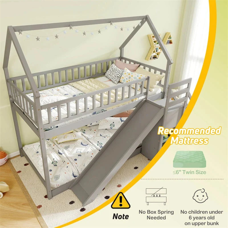 Twin Over Twin Bunk Bed House Design with Slide, Staircases & Storage Compartments, No Box Spring Needed - Product image 9
