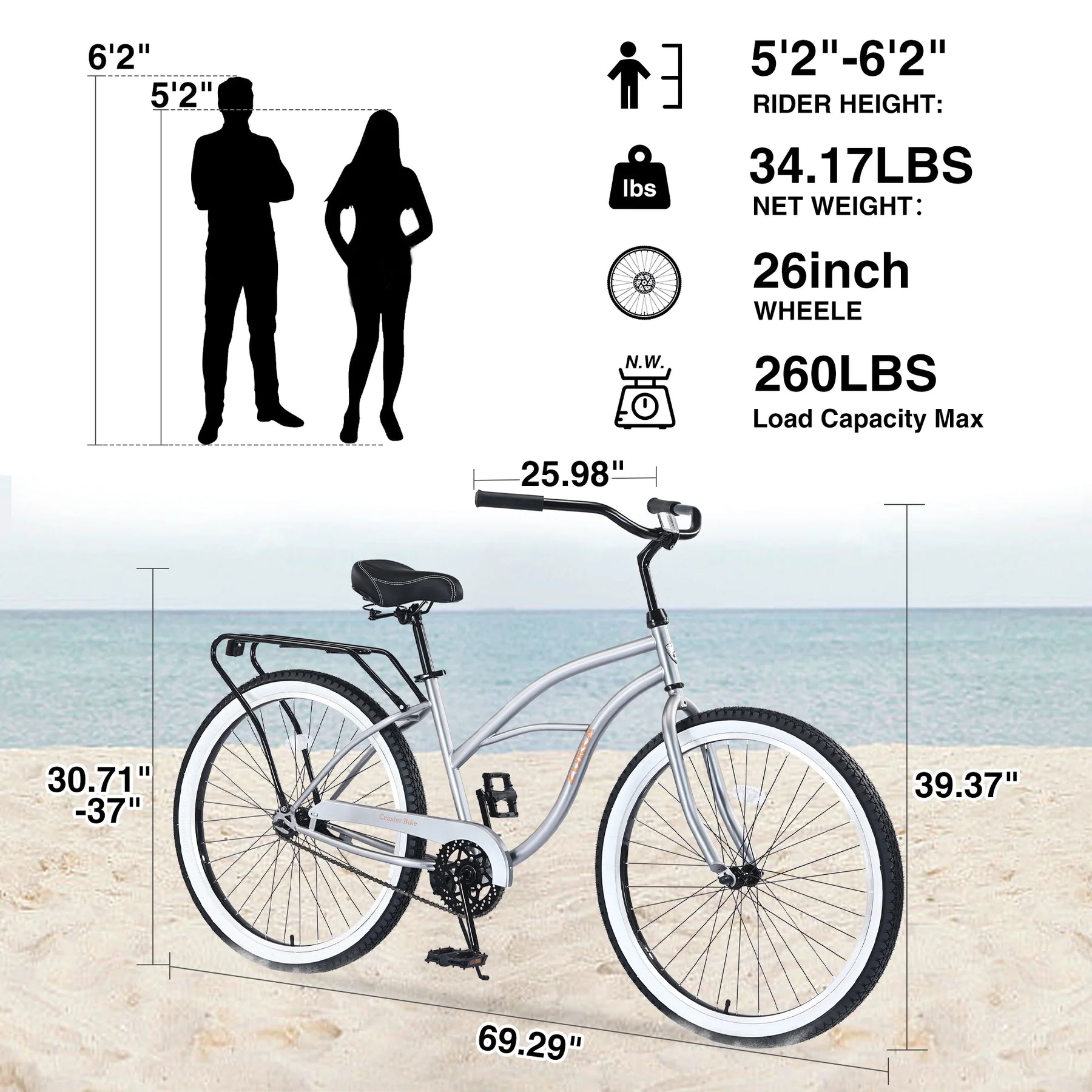 26 in Beach Cruiser Bike, Single Speed Bicycle with Steel Frame, Wide Wheels and Rear Coaster Brakes - Product image 2