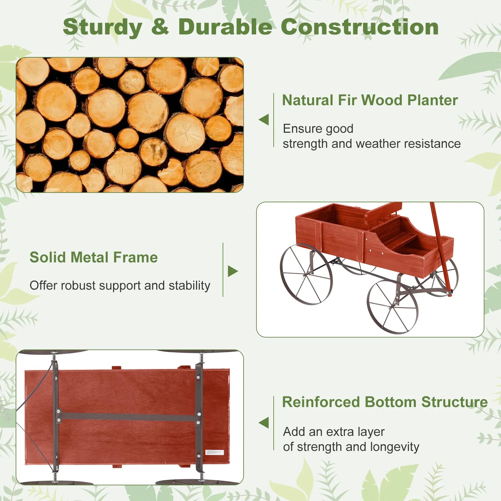 Rustic Wooden Wagon Planter, Decorative Garden Flower Cart with Metal Wheels & Adjustable Handle - Product image 15