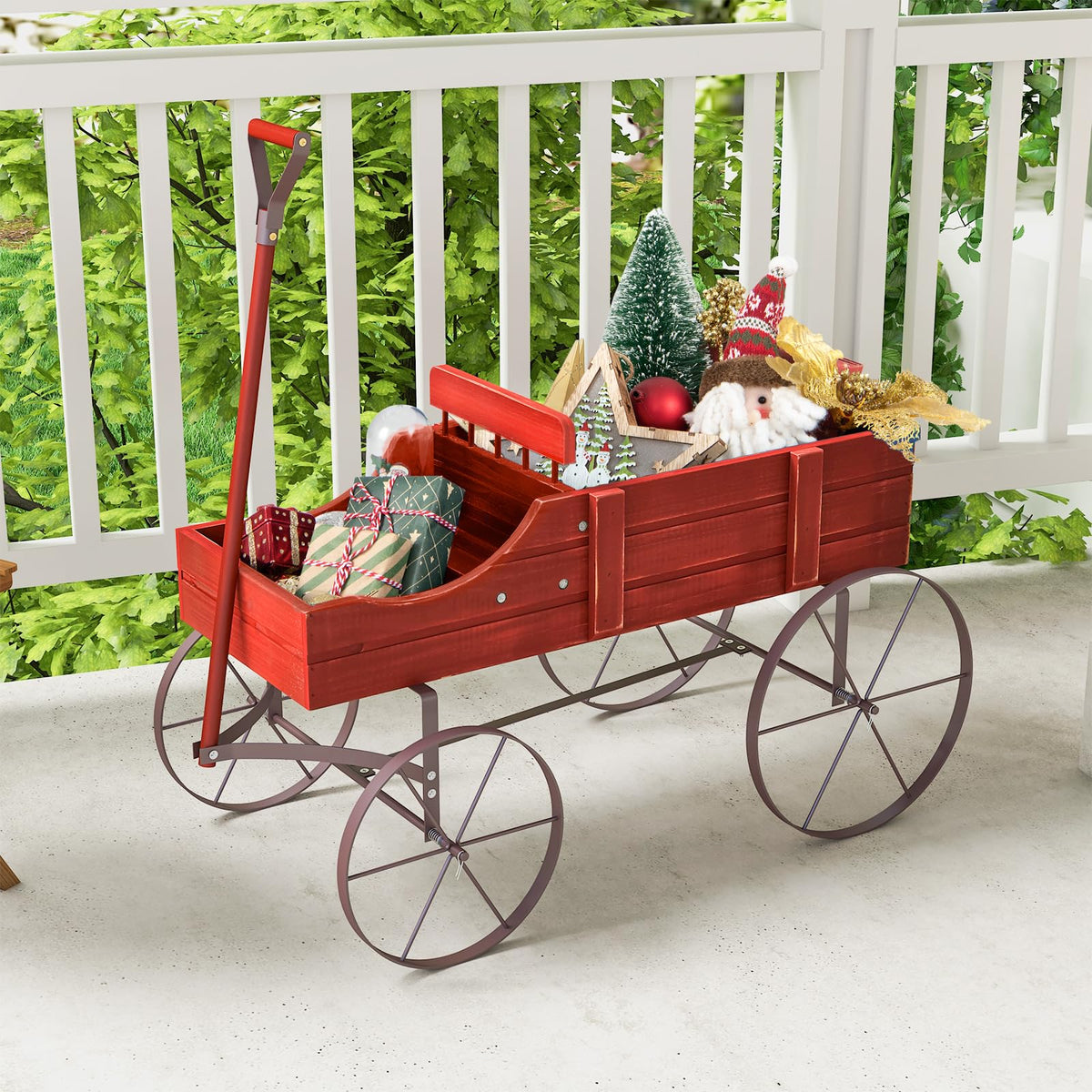 Rustic Wooden Wagon Planter, Decorative Garden Flower Cart with Metal Wheels & Adjustable Handle - Product image 11