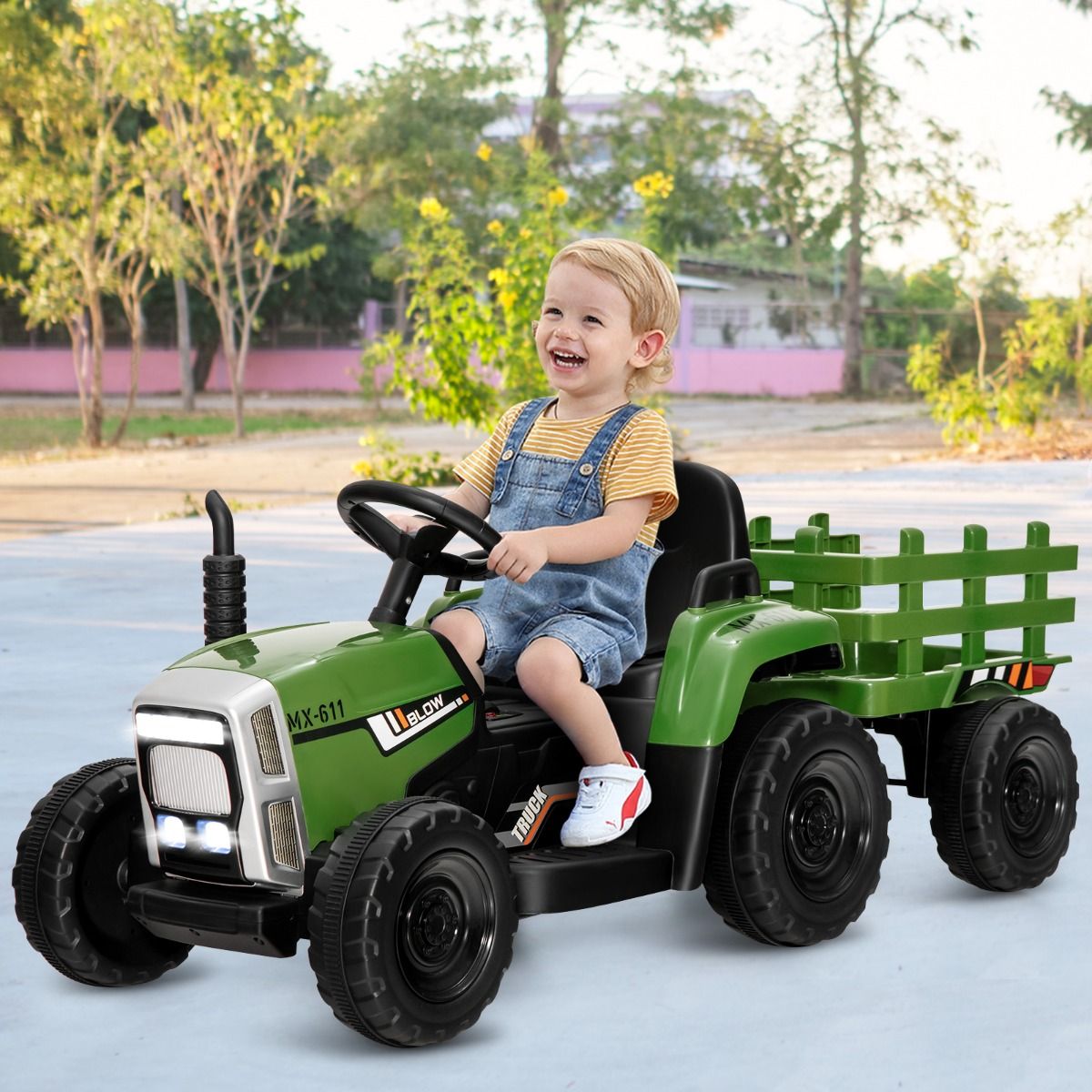 Electric Tractor with Trailer for Children 3 Speeds LED Lights Functions o USB and Bluetooth Yellow/Pink/Red/Green/Dark Green/Black -