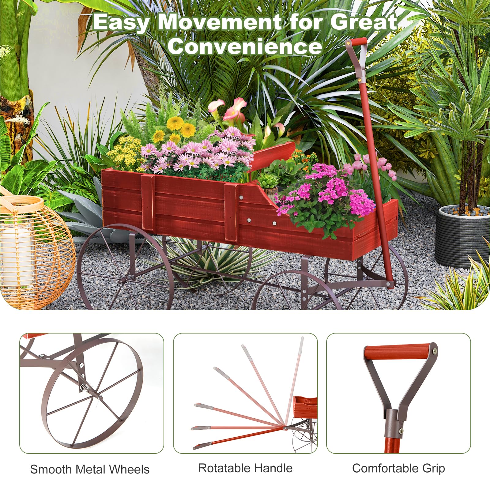 Rustic Wooden Wagon Planter, Decorative Garden Flower Cart with Metal Wheels & Adjustable Handle - Product image 14