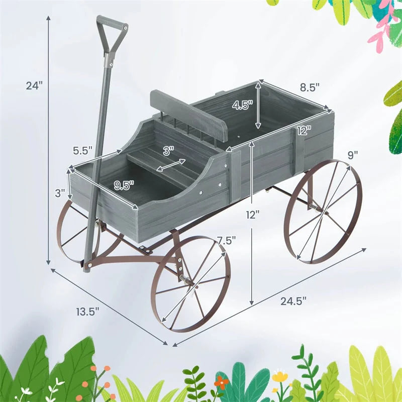 Rustic Wooden Wagon Planter, Decorative Garden Flower Cart with Metal Wheels & Adjustable Handle - Product image 41