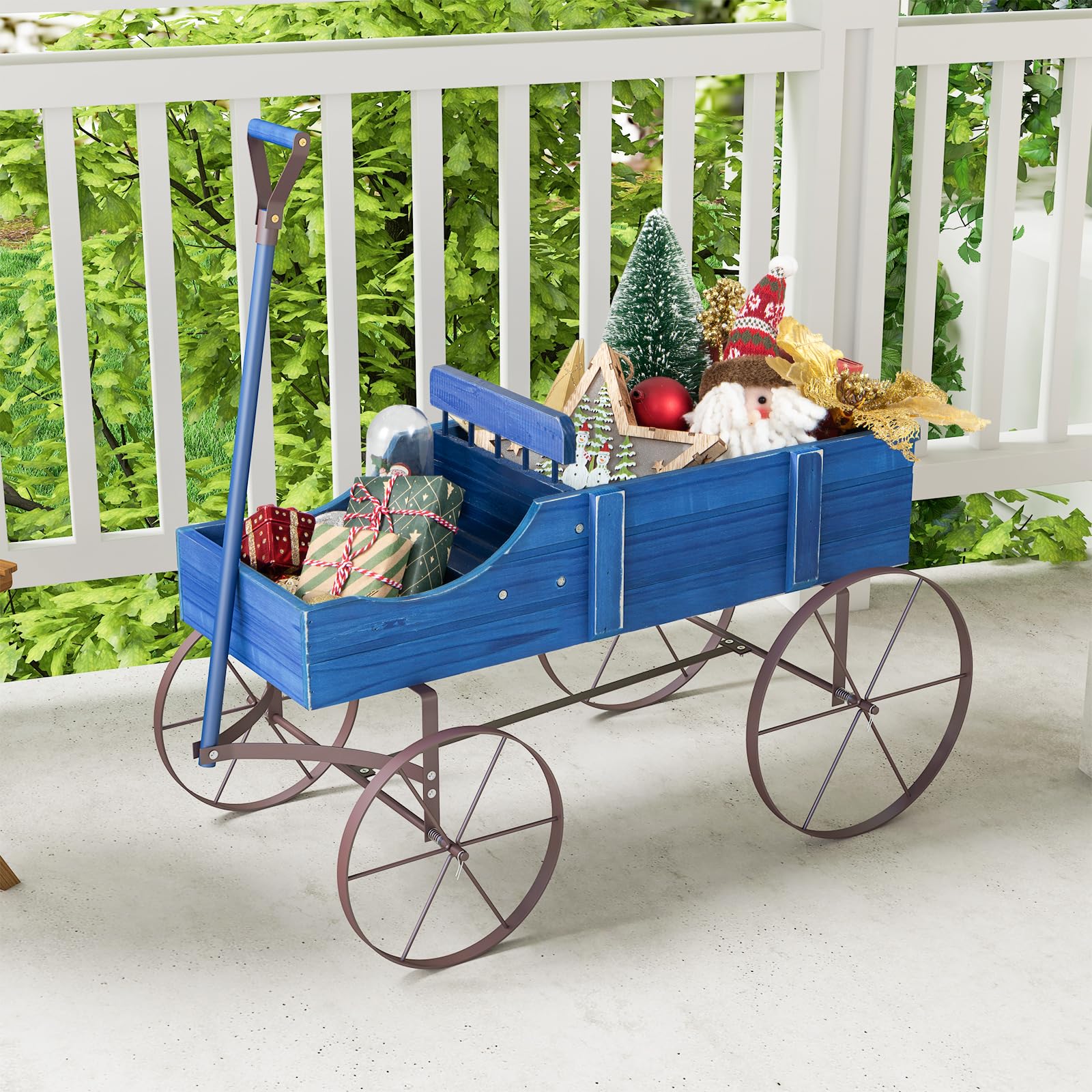 Rustic Wooden Wagon Planter, Decorative Garden Flower Cart with Metal Wheels & Adjustable Handle - Product image 3