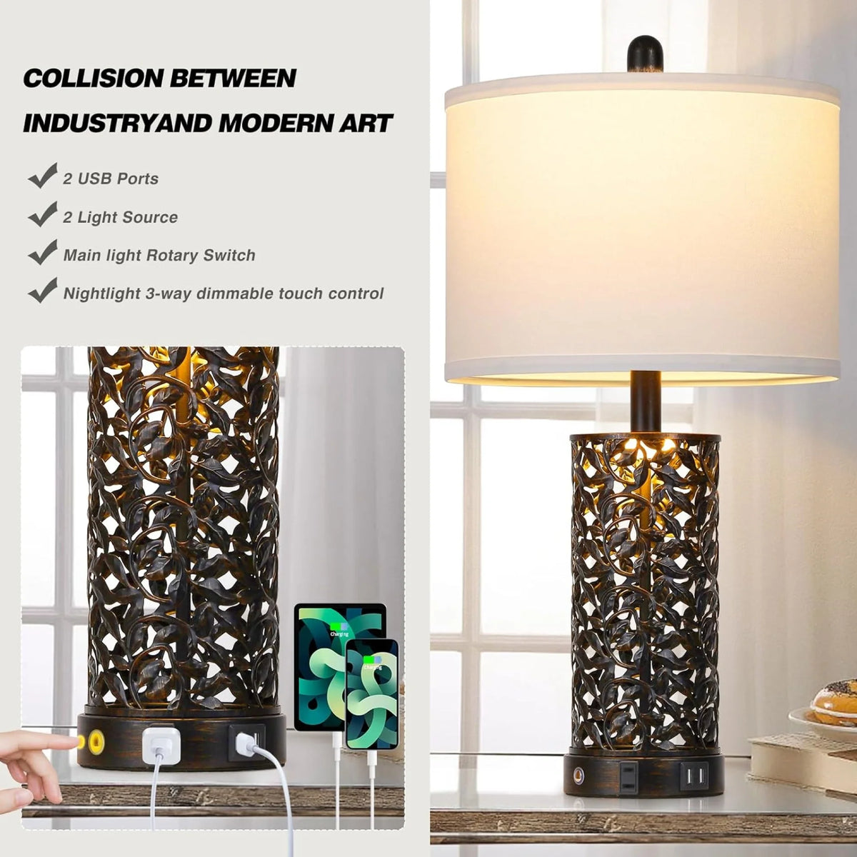 Cinkeda Table Lamp Set of 2 for Living Room Bedroom with USB Ports AC Outlet 3 Way Dimmable Touch - Product image 29