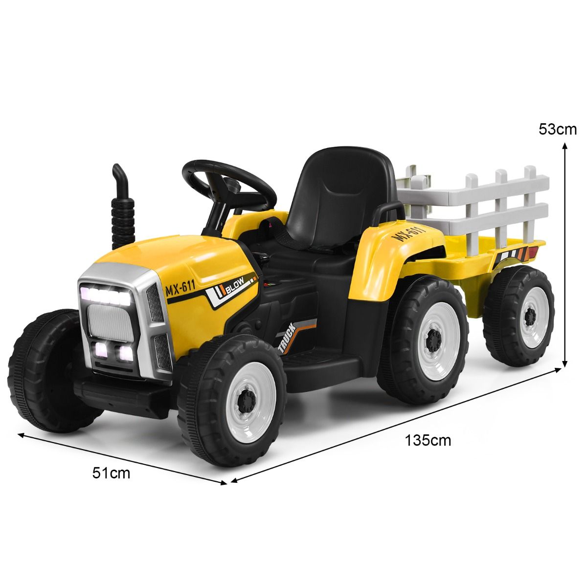 Electric Tractor with Trailer for Children 3 Speeds LED Lights Functions o USB and Bluetooth Yellow/Pink/Red/Green/Dark Green/Black -