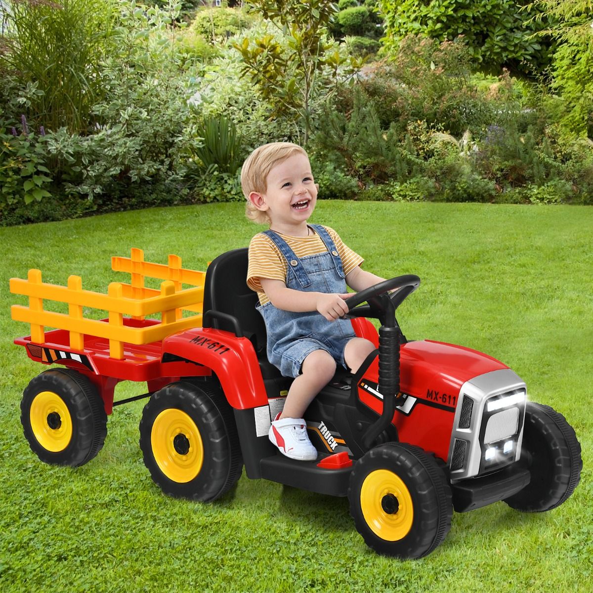 Electric Tractor with Trailer for Children 3 Speeds LED Lights Functions o USB and Bluetooth Yellow/Pink/Red/Green/Dark Green/Black -