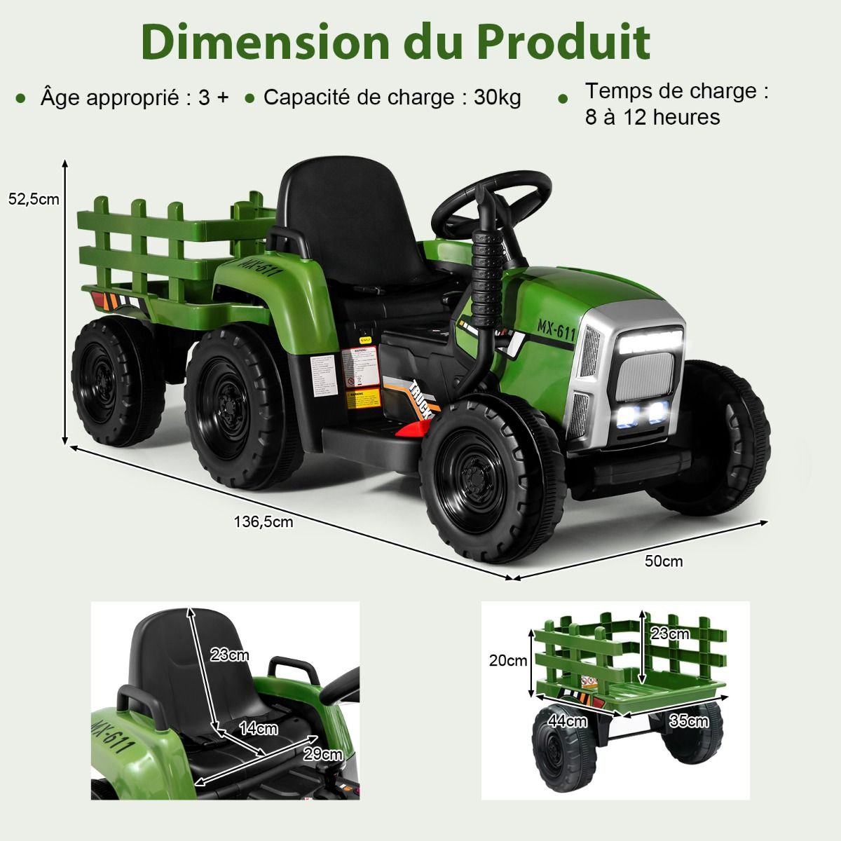 Electric Tractor with Trailer for Children 3 Speeds LED Lights Functions o USB and Bluetooth Yellow/Pink/Red/Green/Dark Green/Black -