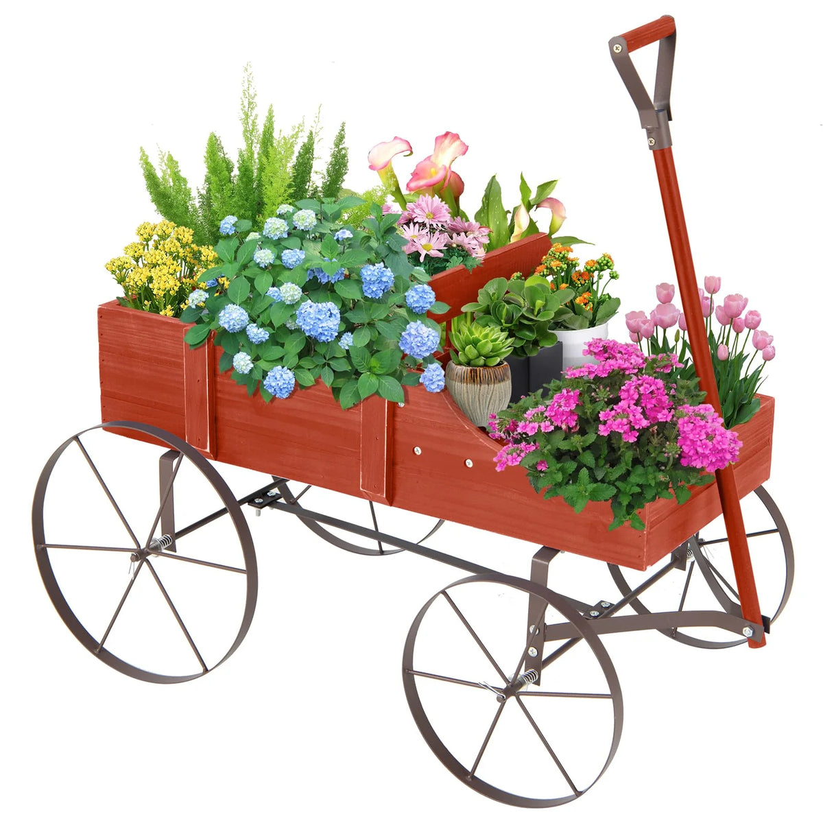 Rustic Wooden Wagon Planter, Decorative Garden Flower Cart with Metal Wheels & Adjustable Handle - Product image 9