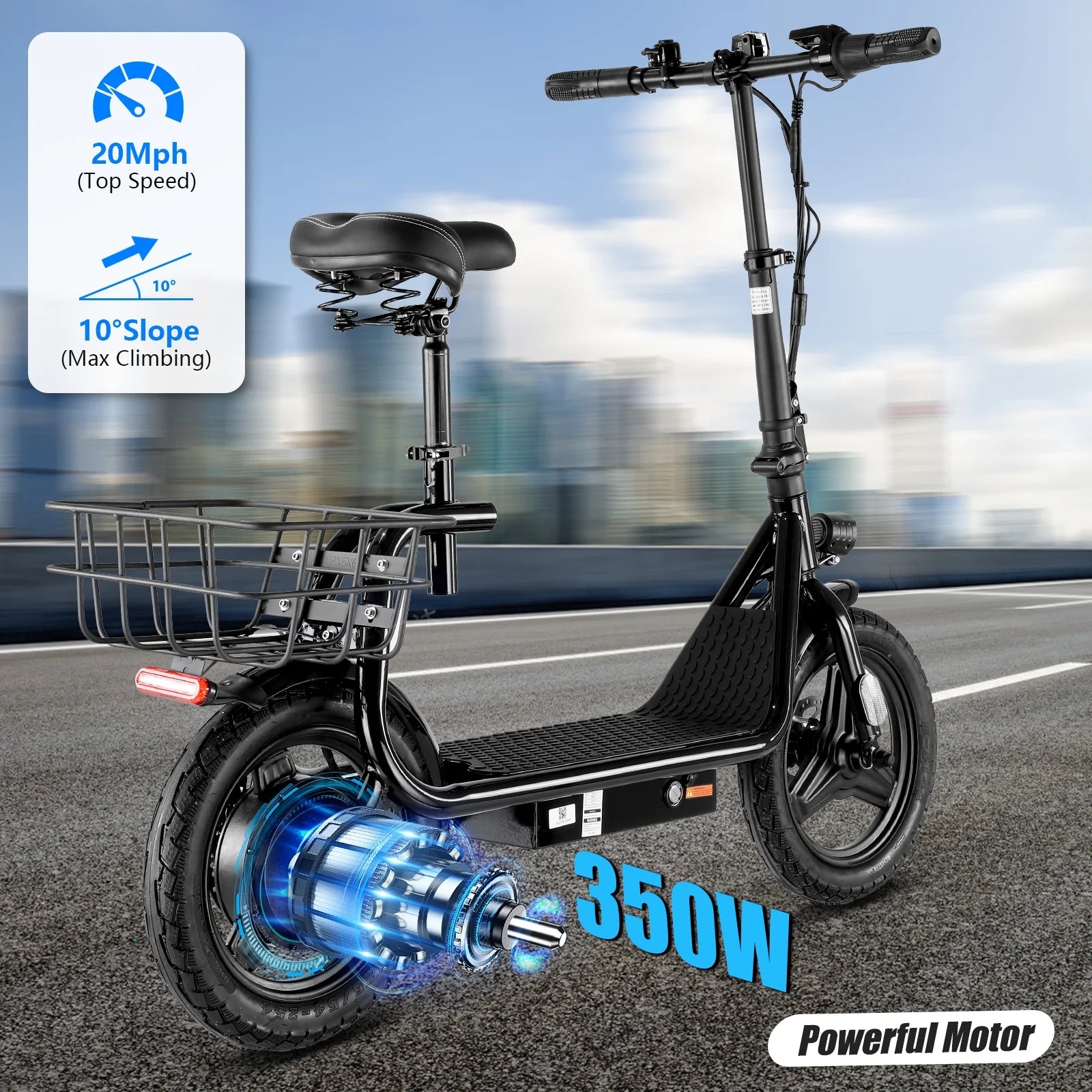 SANOPY 350W Electric Scooter with Seat for Adults, 15 Miles Range 20 Mph, 36V 5.2ah Battery Moped - Product image 6