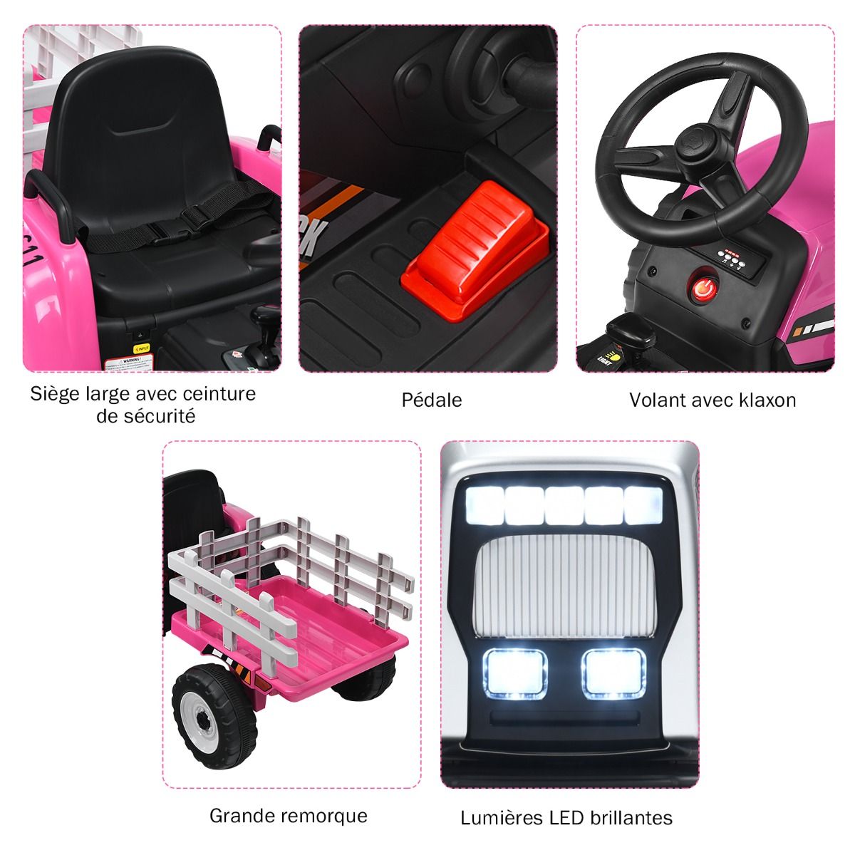 Electric Tractor with Trailer for Children 3 Speeds LED Lights Functions o USB and Bluetooth Yellow/Pink/Red/Green/Dark Green/Black -