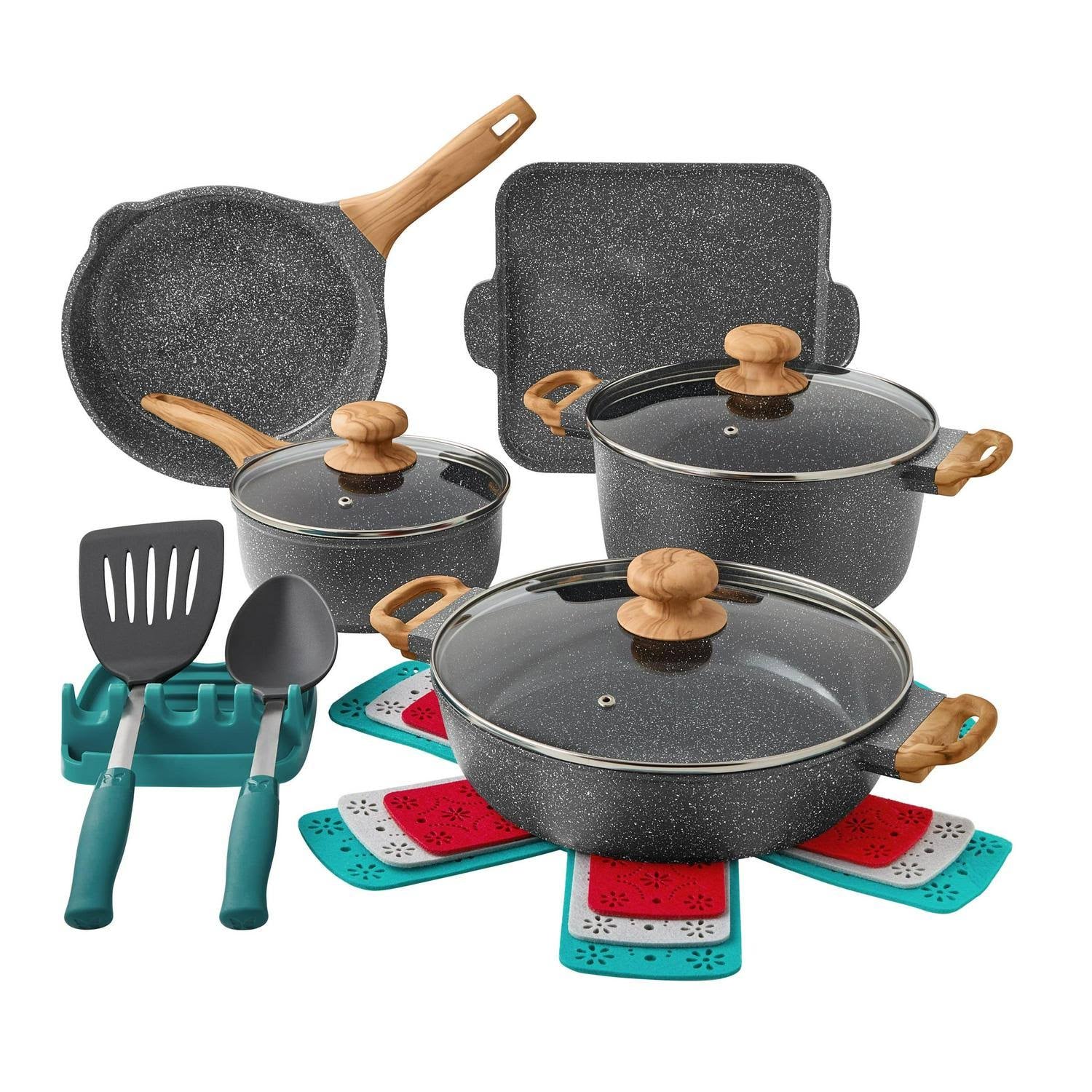 The Pioneer Woman Prairie Signature 14-Piece Cast Aluminum Cookware Set, Charcoal Speckle - Product image 1