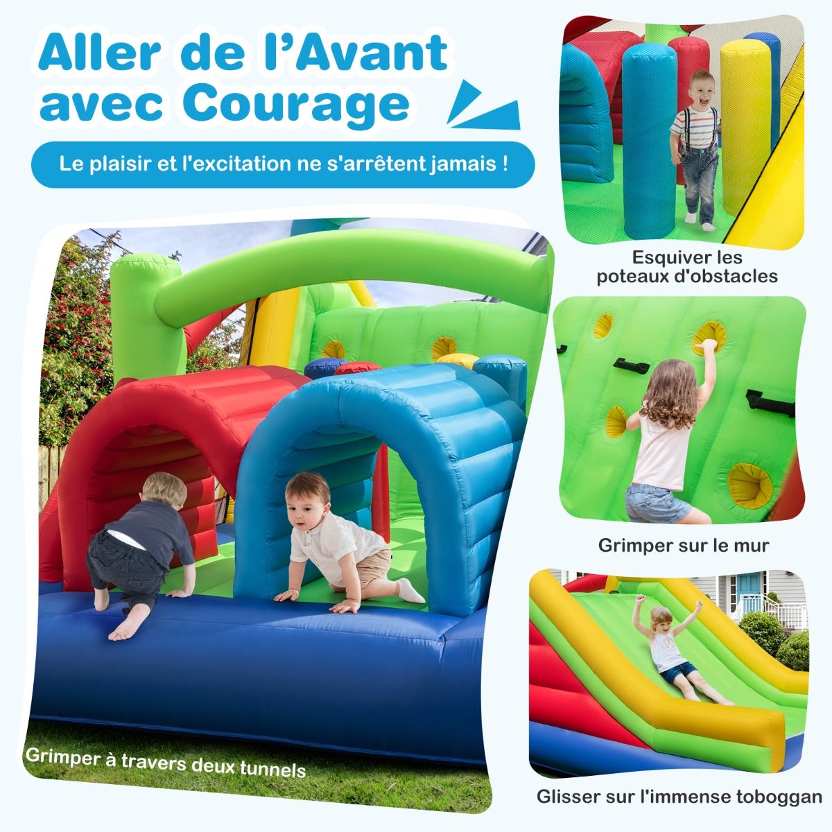 Inflatable Castle for 4 Children with 2 Slides Tunnels Bounce Zone Climbing Obstacles Play House with 680 W Blower -