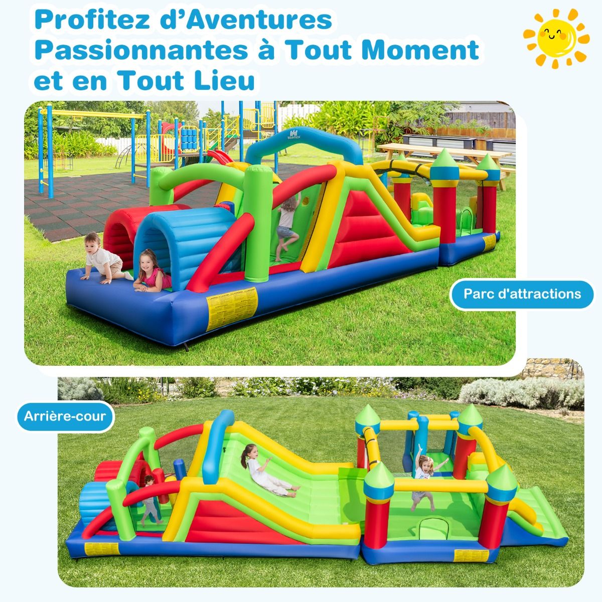 Inflatable Castle for 4 Children with 2 Slides Tunnels Bounce Zone Climbing Obstacles Play House with 680 W Blower -