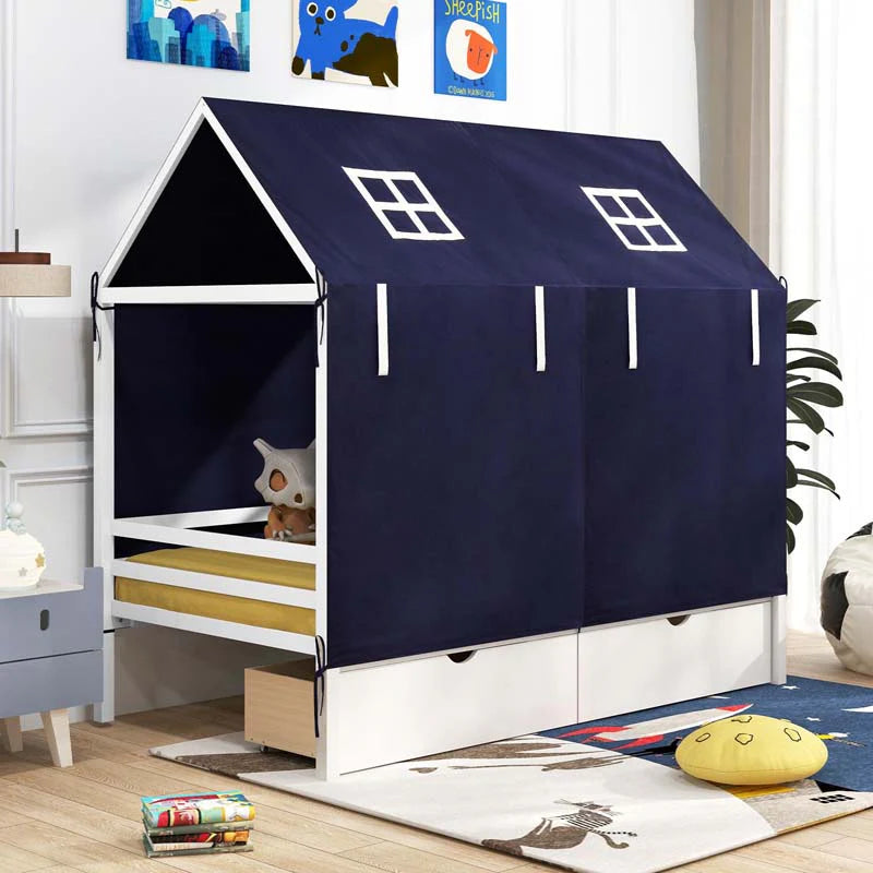 Twin House Bed with Storage Drawers & Dustproof Tent, Solid Wood Montessori Bed Frame with House Roof & - Product image 2