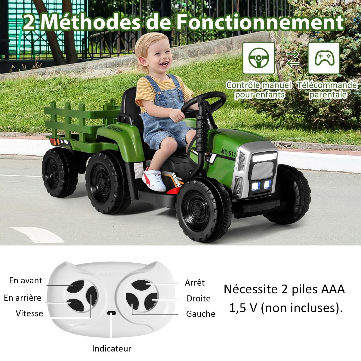 Electric Tractor with Trailer for Children 3 Speeds LED Lights Functions o USB and Bluetooth Yellow/Pink/Red/Green/Dark Green/Black -