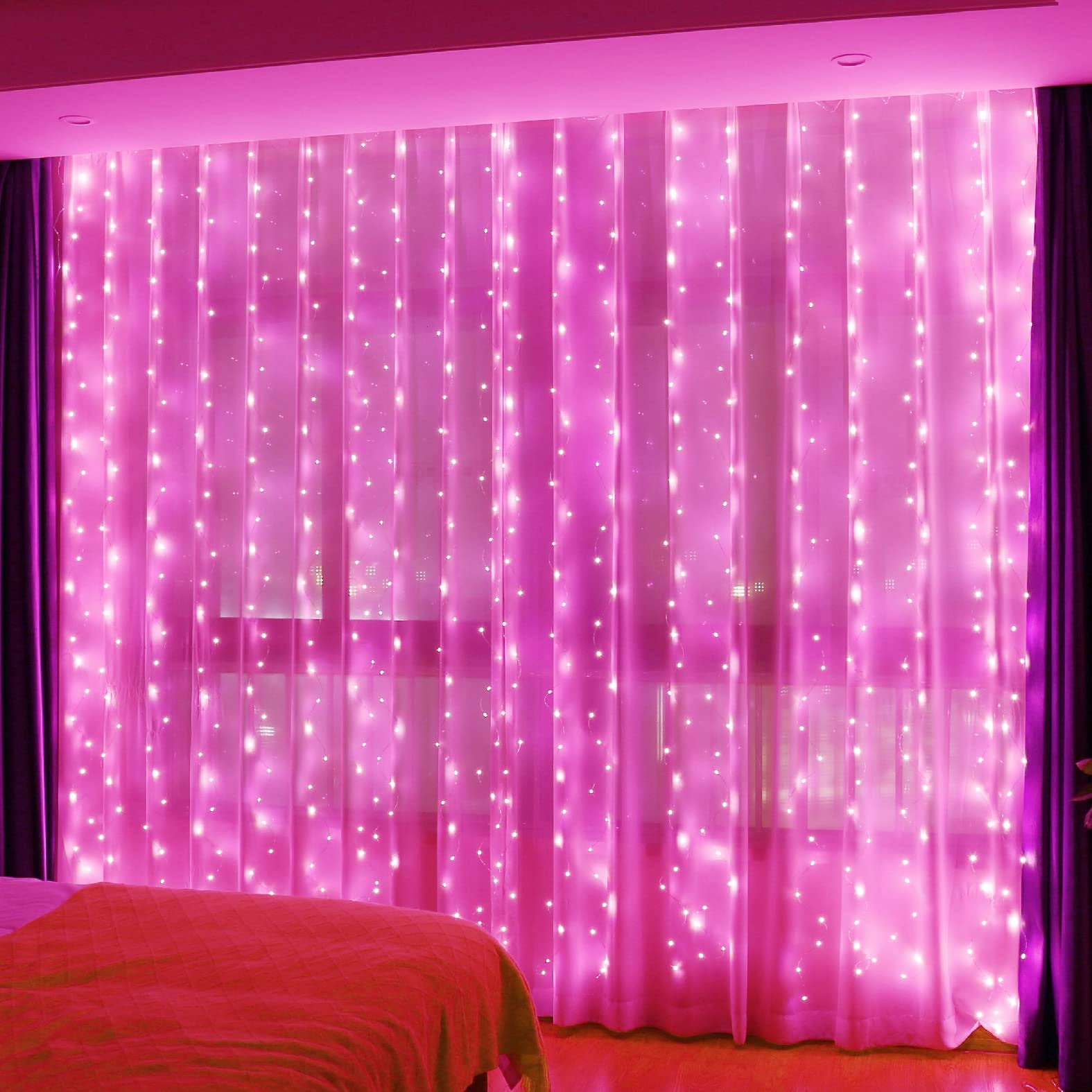 HXWEIYE 300led Pink Fairy Curtain Hanging Lights with Remote 8 Modes Timer for Bedroom, 9.8x9.8ft USB Plug in Christmas Fairy String Lights for