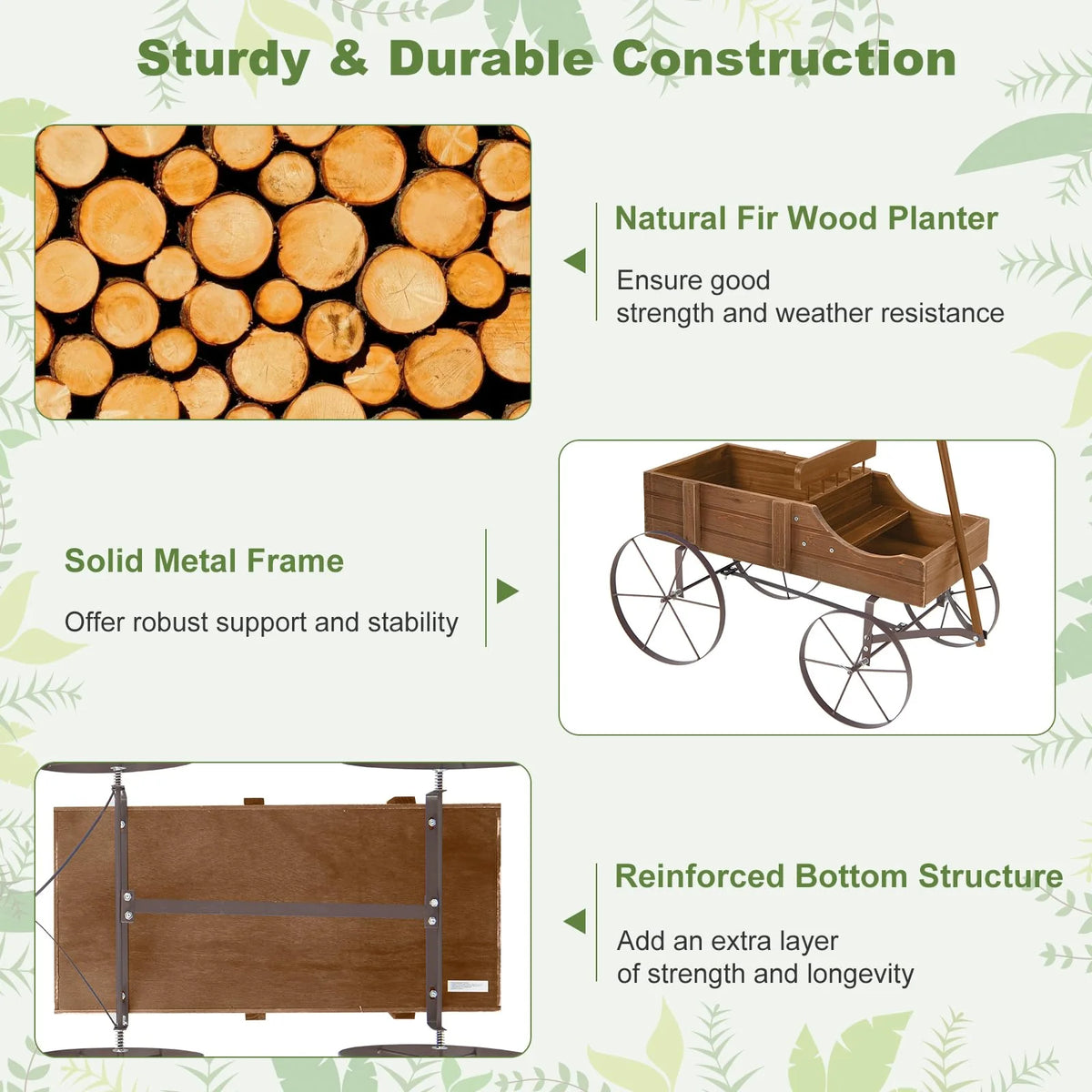 Rustic Wooden Wagon Planter, Decorative Garden Flower Cart with Metal Wheels & Adjustable Handle - Product image 20