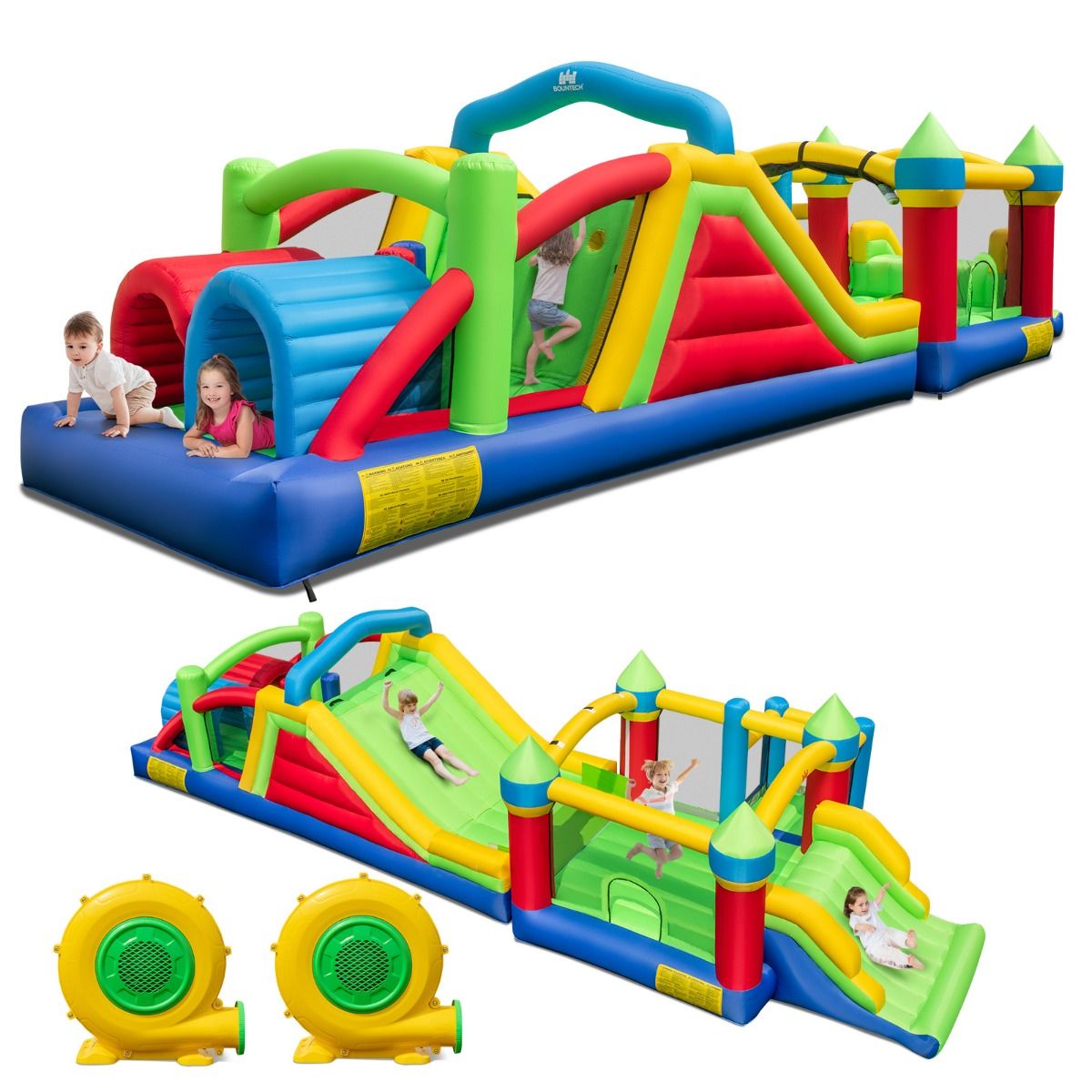 Inflatable Castle for 4 Children with 2 Slides Tunnels Bounce Zone Climbing Obstacles Play House with 680 W Blower -