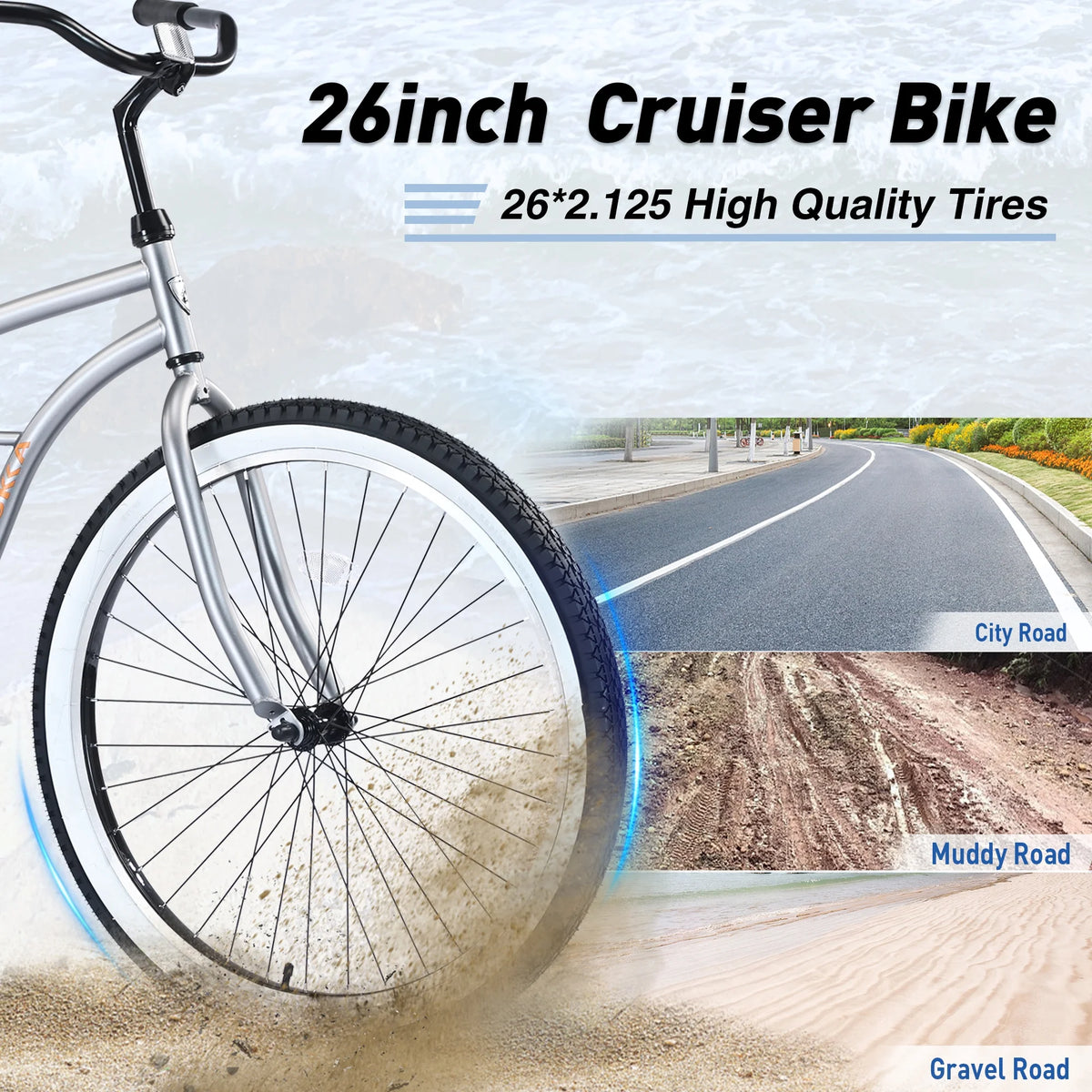 26 in Beach Cruiser Bike, Single Speed Bicycle with Steel Frame, Wide Wheels and Rear Coaster Brakes - Product image 3