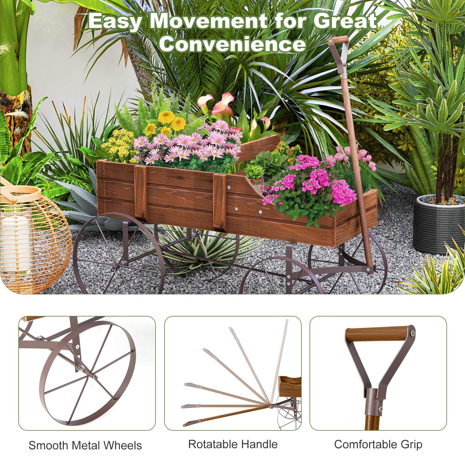Rustic Wooden Wagon Planter, Decorative Garden Flower Cart with Metal Wheels & Adjustable Handle - Product image 24