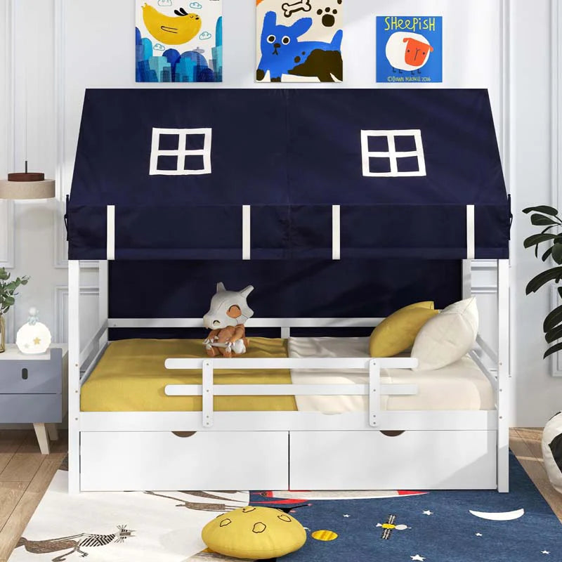 Twin House Bed with Storage Drawers & Dustproof Tent, Solid Wood Montessori Bed Frame with House Roof & - Product image 3