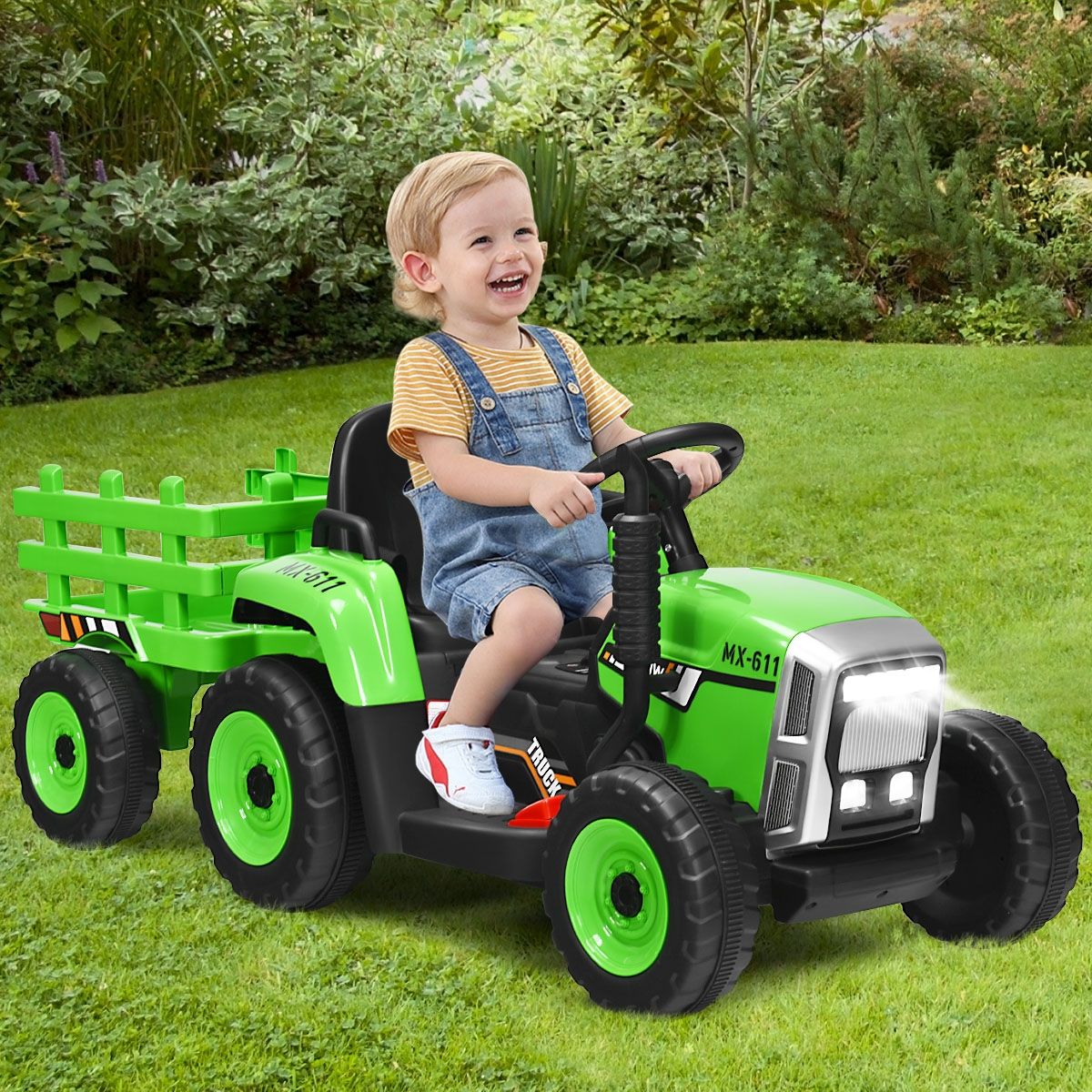 Electric Tractor with Trailer for Children 3 Speeds LED Lights Functions o USB and Bluetooth Yellow/Pink/Red/Green/Dark Green/Black -