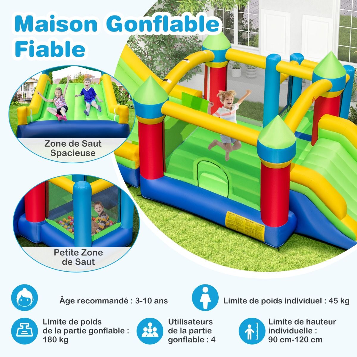 Inflatable Castle for 4 Children with 2 Slides Tunnels Bounce Zone Climbing Obstacles Play House with 680 W Blower -