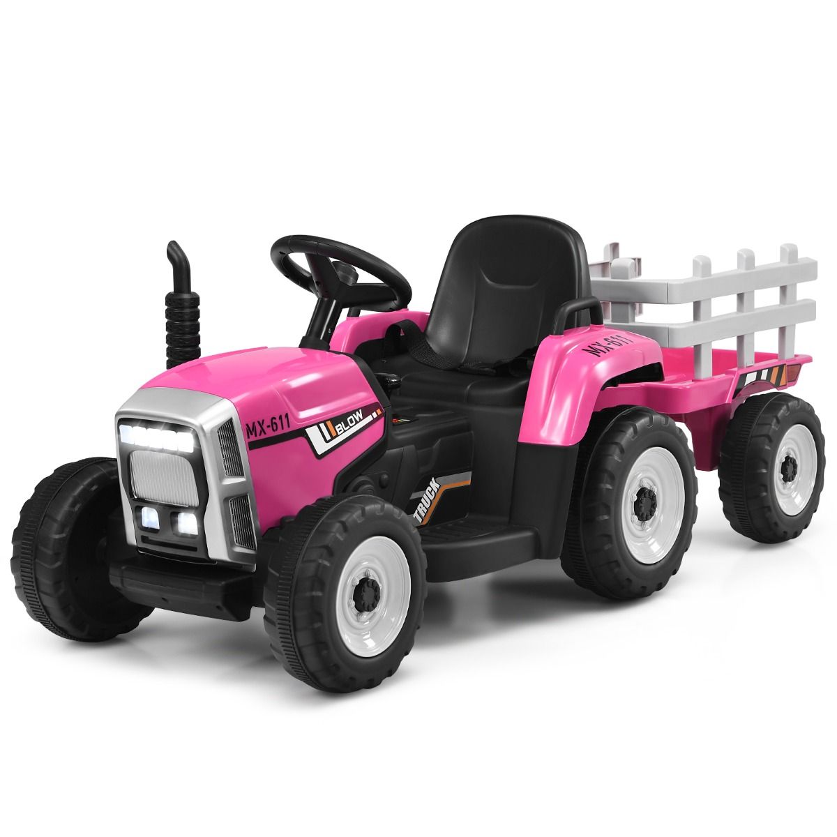 Electric Tractor with Trailer for Children 3 Speeds LED Lights Functions o USB and Bluetooth Yellow/Pink/Red/Green/Dark Green/Black -