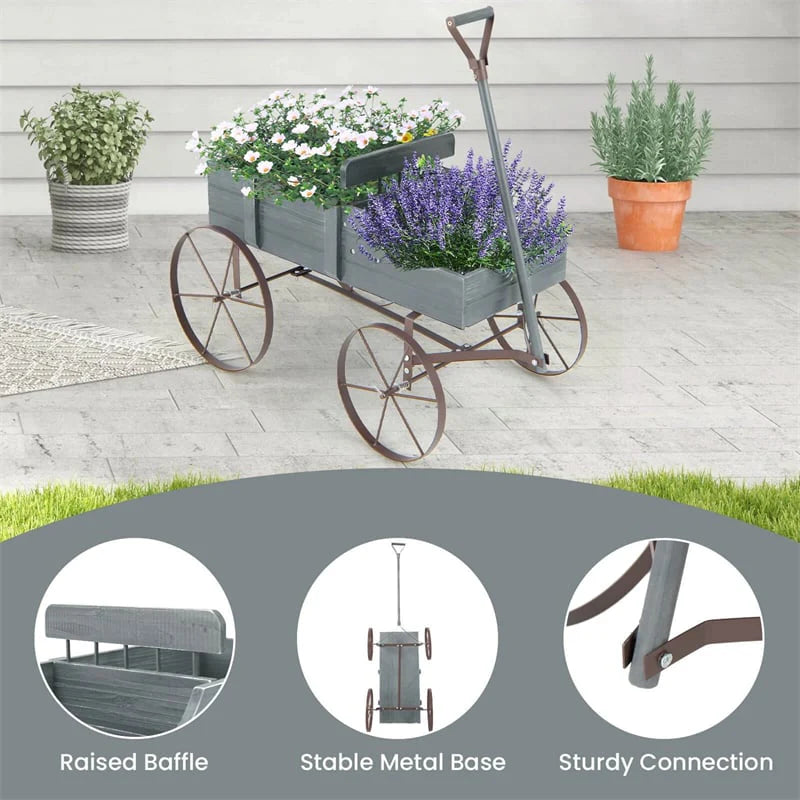Rustic Wooden Wagon Planter, Decorative Garden Flower Cart with Metal Wheels & Adjustable Handle - Product image 47