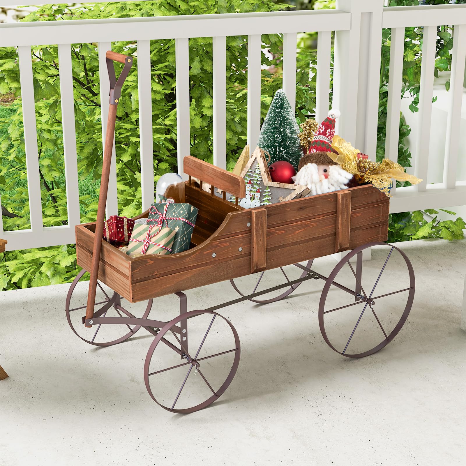 Rustic Wooden Wagon Planter, Decorative Garden Flower Cart with Metal Wheels & Adjustable Handle - Product image 19