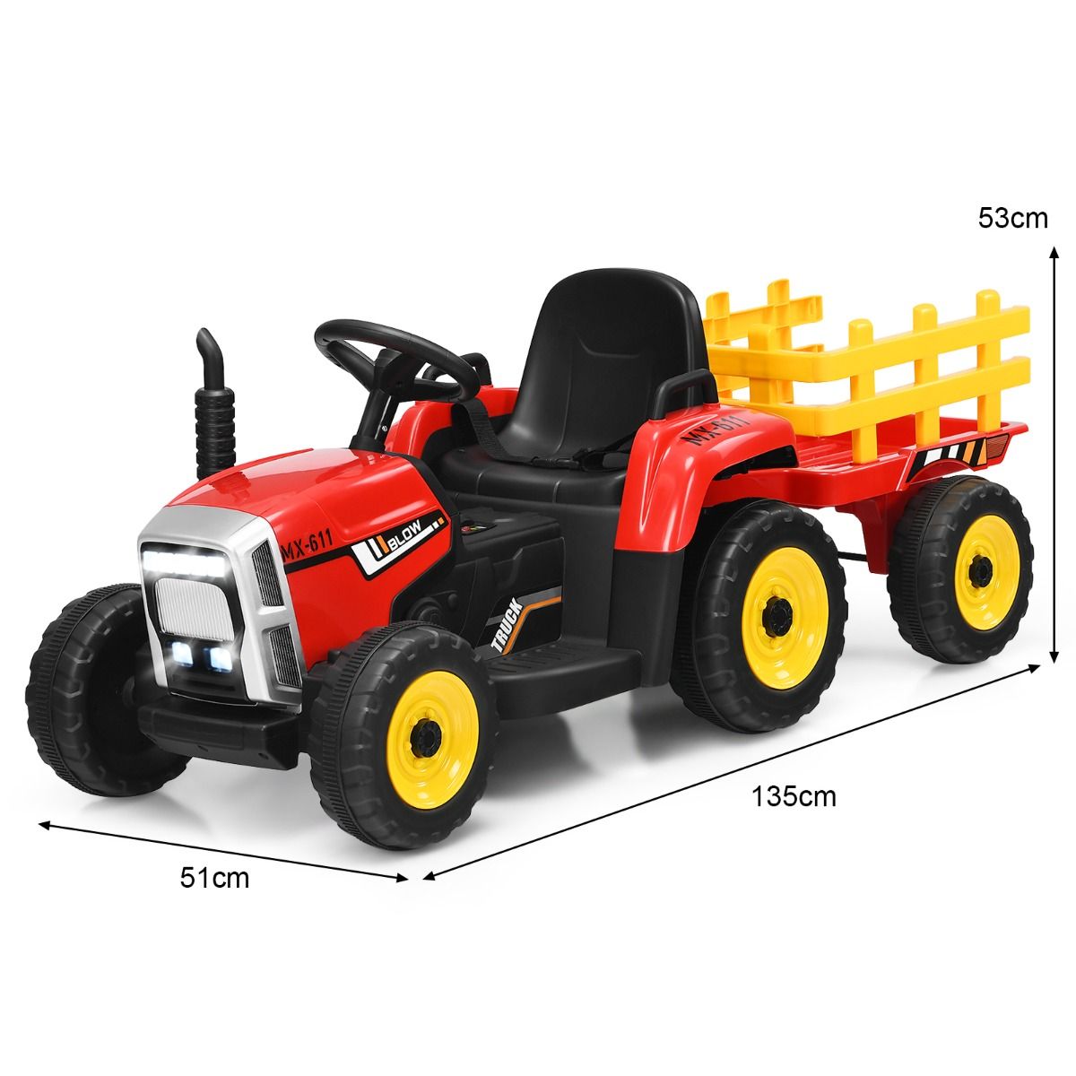 Electric Tractor with Trailer for Children 3 Speeds LED Lights Functions o USB and Bluetooth Yellow/Pink/Red/Green/Dark Green/Black -