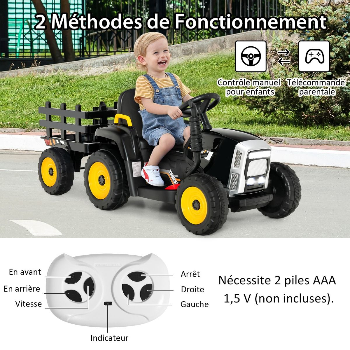 Electric Tractor with Trailer for Children 3 Speeds LED Lights Functions o USB and Bluetooth Yellow/Pink/Red/Green/Dark Green/Black -