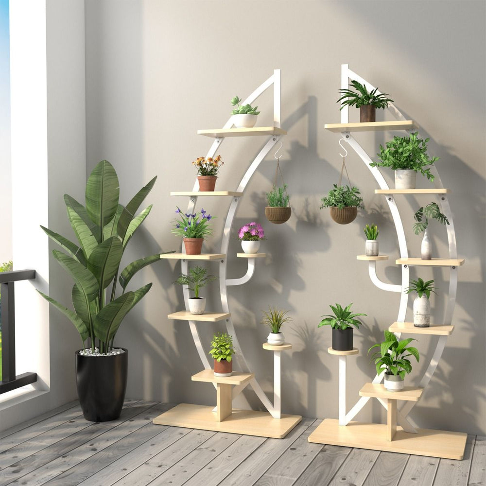 Set of 2 Metal Flower Shelves with 7 Tiers Half-Moon Shaped Plant Holder with Anti-Tip Device 60 x 30 x 155 CM White/Natural
