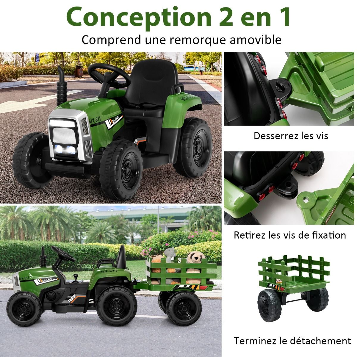 Electric Tractor with Trailer for Children 3 Speeds LED Lights Functions o USB and Bluetooth Yellow/Pink/Red/Green/Dark Green/Black -